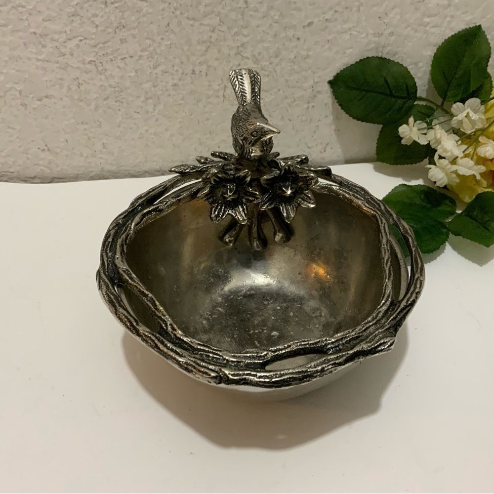 Bird Candy Bowl Chrome Silver Pewter On A Branch Rustic Decor by Star home